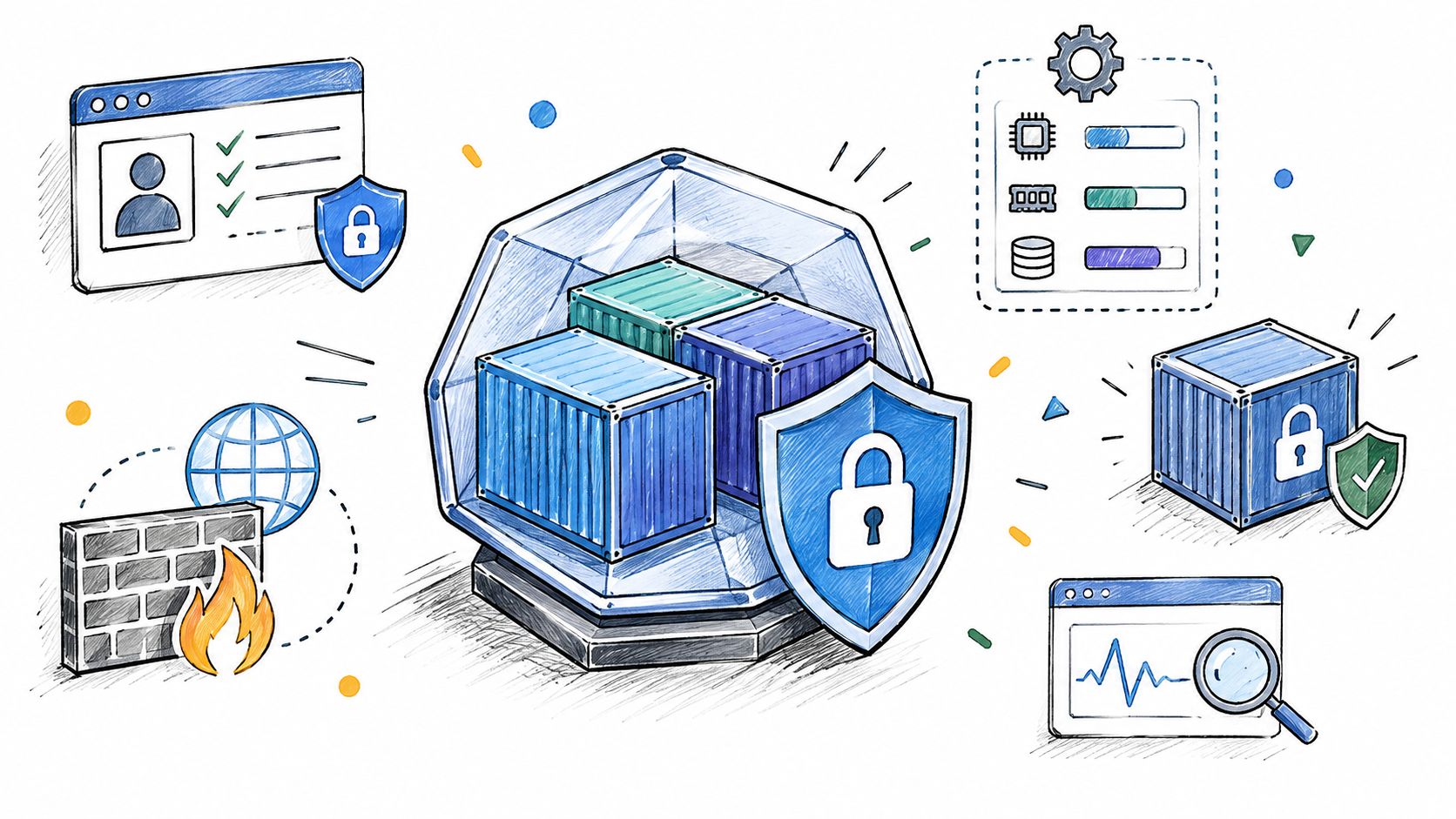 A conceptual illustration representing containerized application security, featuring shielded containers, firewall, system metrics, and monitoring tools.