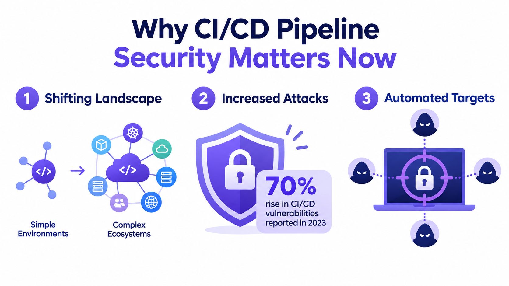An infographic illustrating why CI/CD pipeline security matters due to complex ecosystems and rising cyber threats.