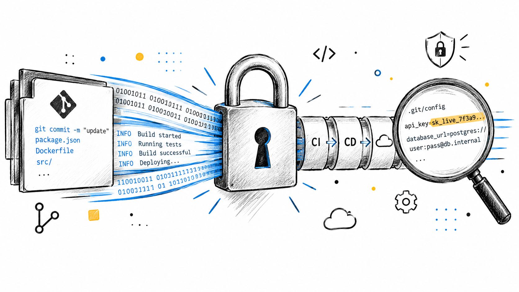 A hand-drawn illustration showing a secure software CI/CD pipeline with exposed sensitive API credentials under scrutiny.