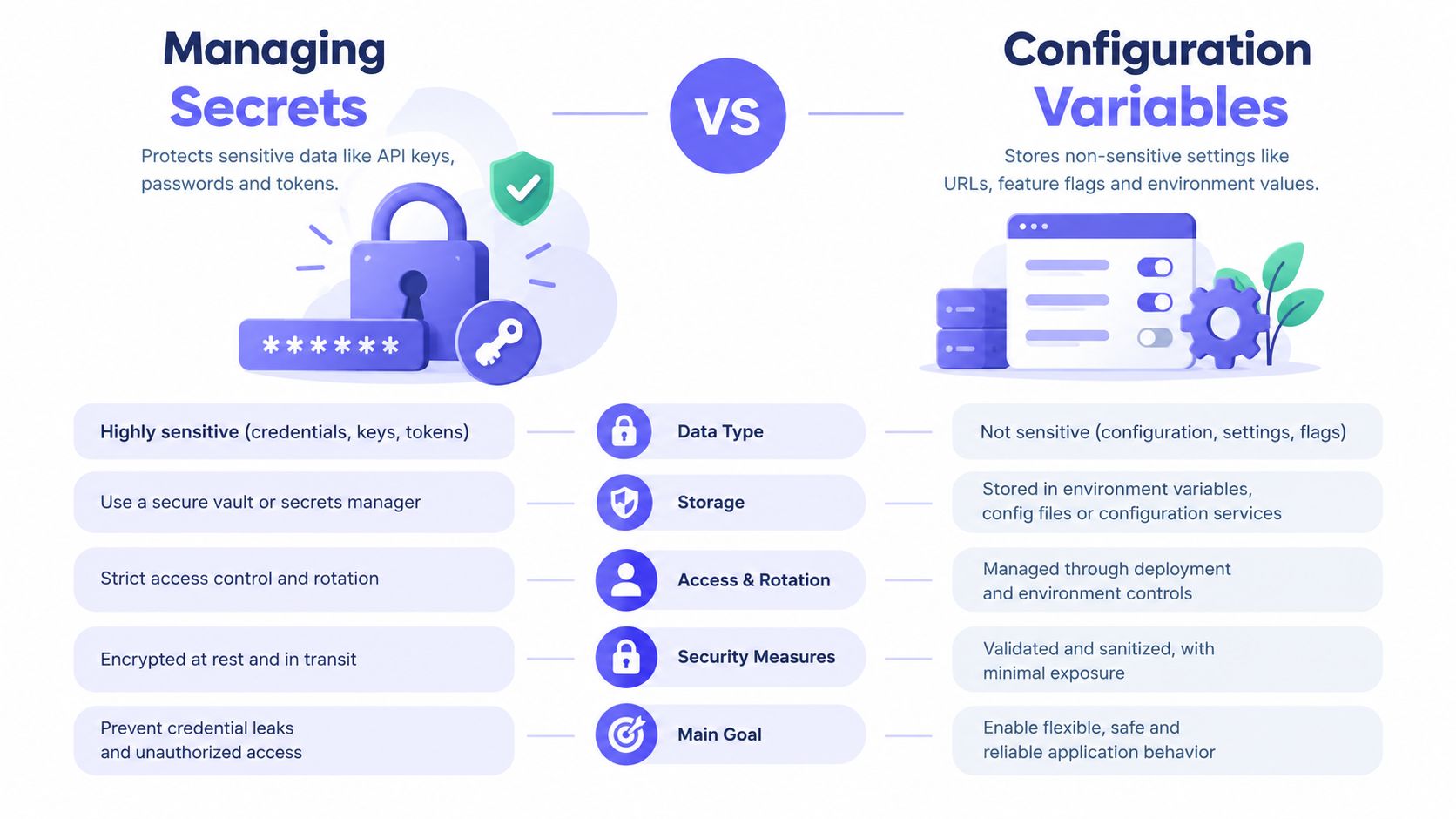 A comparison chart showing the differences between managing sensitive secrets and non-sensitive configuration variables for software applications.