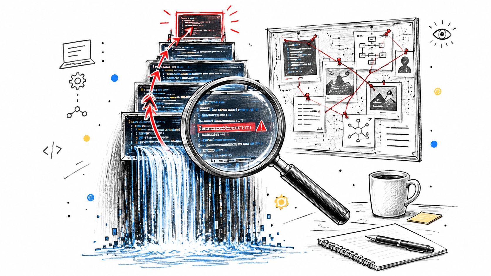 A magnifying glass inspecting code showing a null pointer exception error in a software development environment.