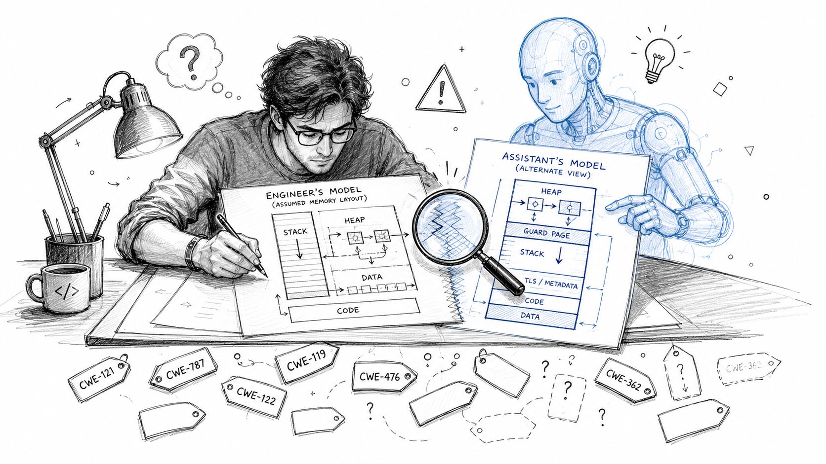 A digital illustration showing a human engineer and an AI robot analyzing memory layout diagrams with vulnerability tags.