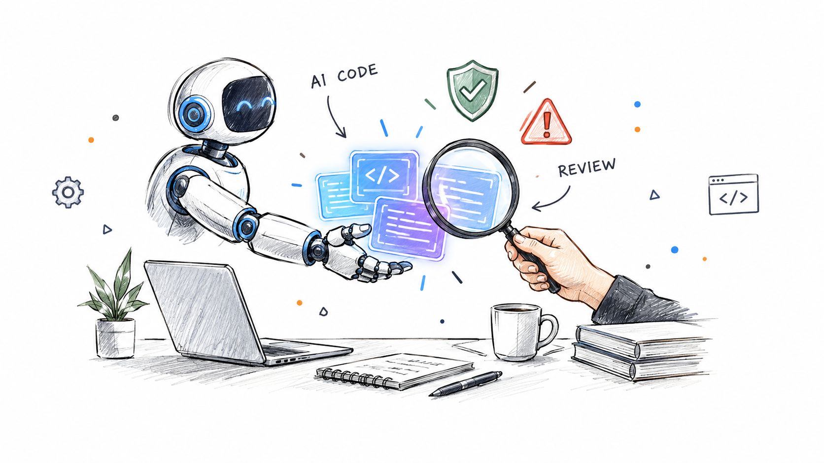 A robot presenting code blocks to a human holding a magnifying glass for an application review.