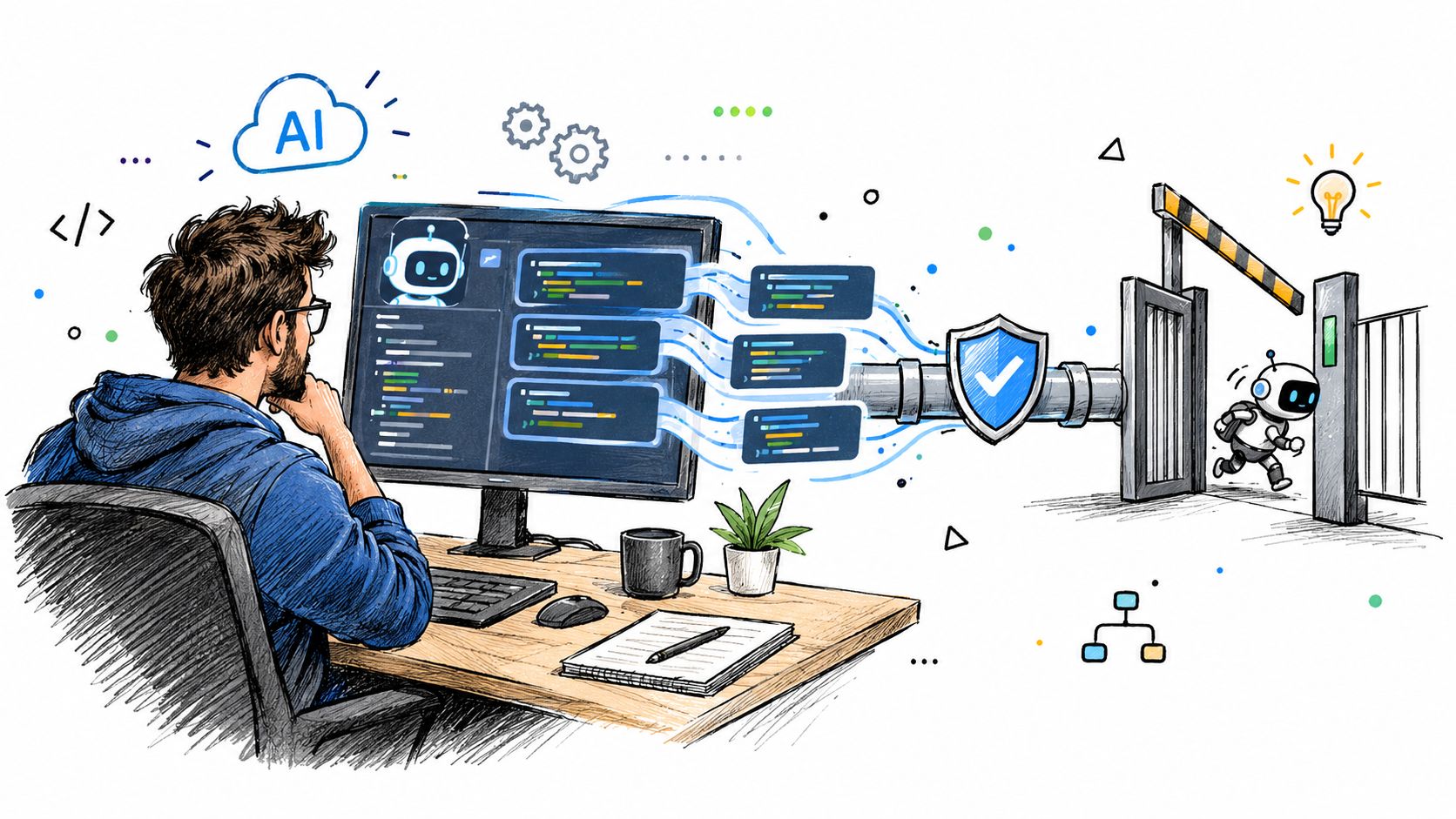 A developer using artificial intelligence to automate secure code deployment through a protected software pipeline.