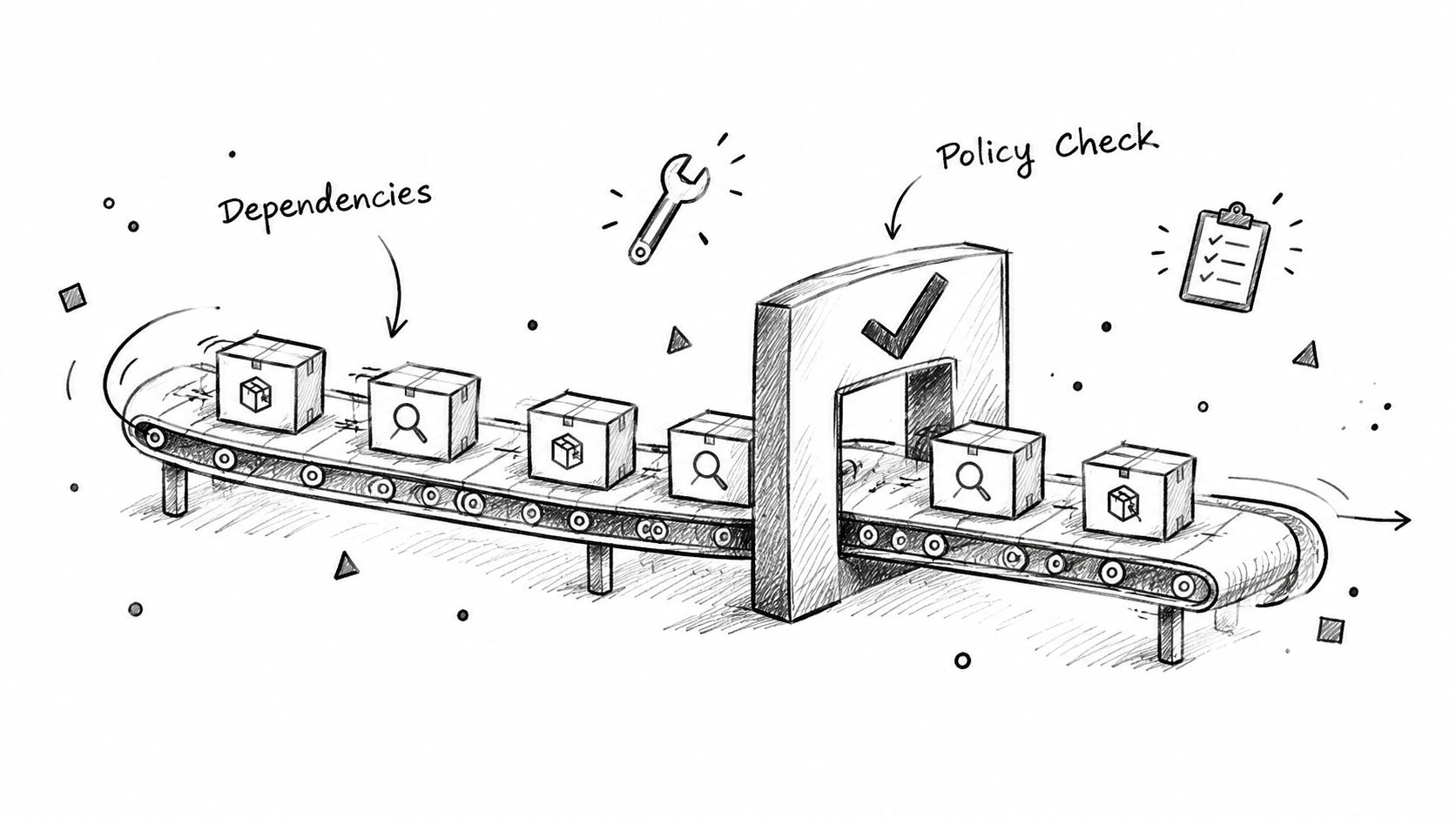 A hand-drawn illustration depicting a conveyor belt processing boxes, symbolizing automated security policy checks for software development.