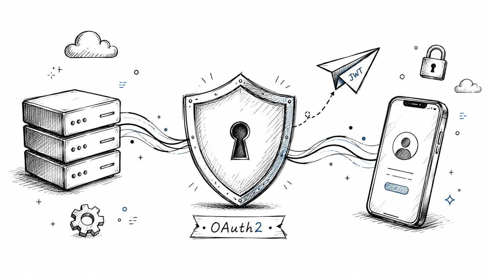 A hand-drawn illustration showing a server, a smartphone, and a shield representing OAuth2 security and JWT.