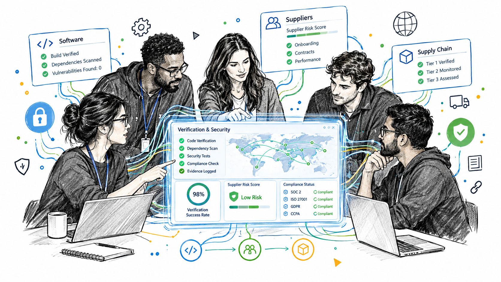 A diverse team collaborating around a digital dashboard displaying global supply chain verification and security metrics.