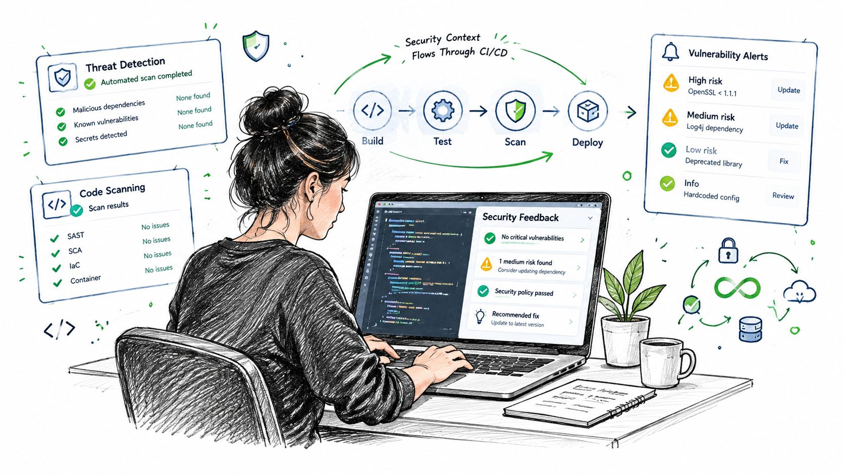 A professional developer using a laptop to perform automated security scans within a DevOps CI/CD pipeline environment.