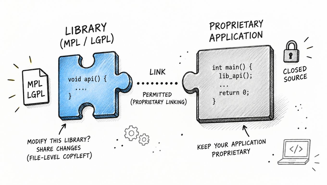 A diagram illustrating how proprietary applications can link to open-source libraries under MPL or LGPL licenses.