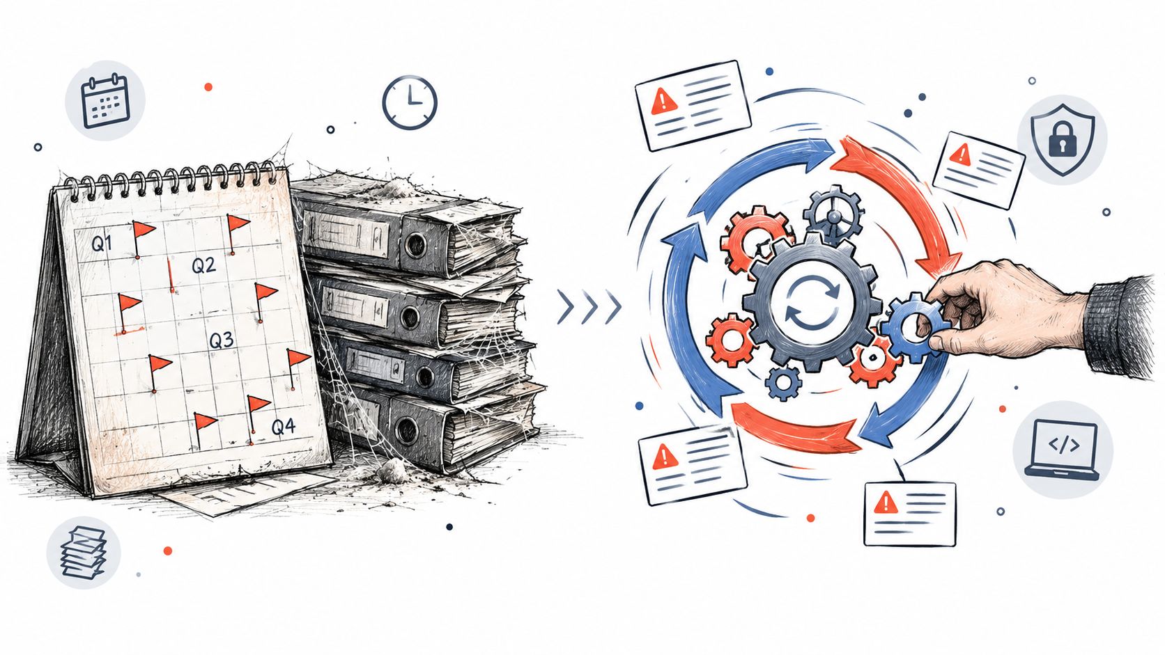 An illustration showing a transition from outdated, manual calendar planning to automated, secure software development cycles.