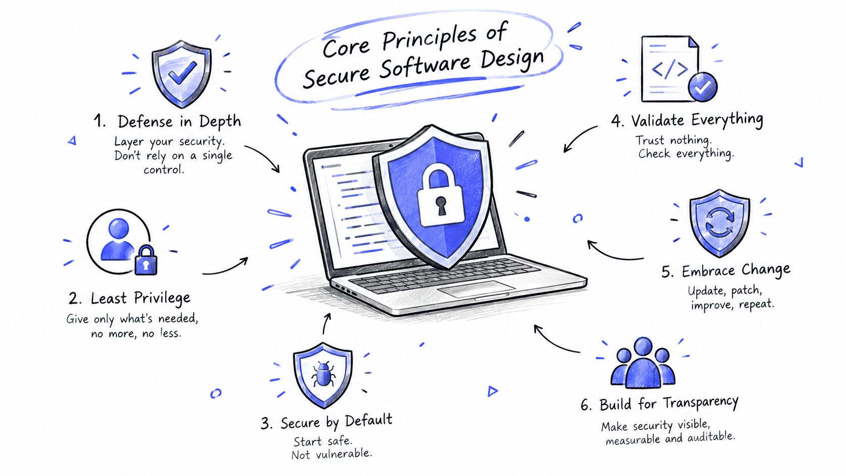An illustrated diagram detailing six core principles of secure software design with icons for each principle.
