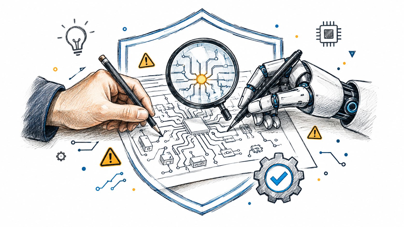 A human hand and a robotic hand working together on a complex circuit board security design.