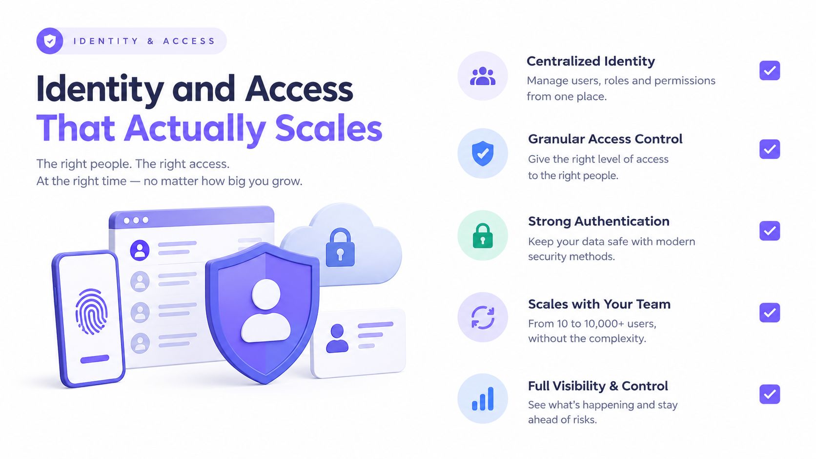 A marketing graphic for scalable identity and access management featuring security icons and digital interface elements.