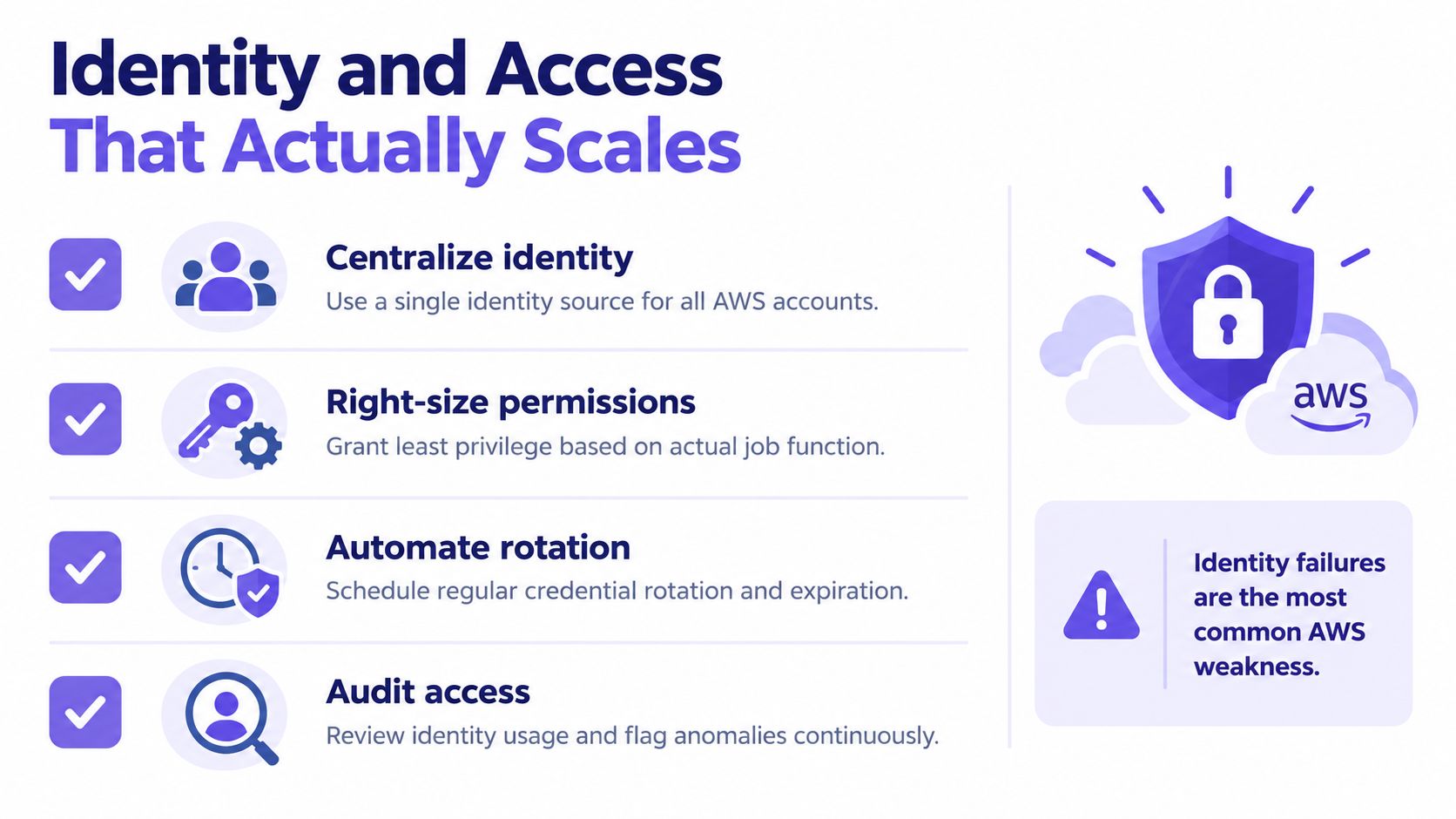 A graphic explaining best practices for AWS identity and access management to ensure secure cloud operations.