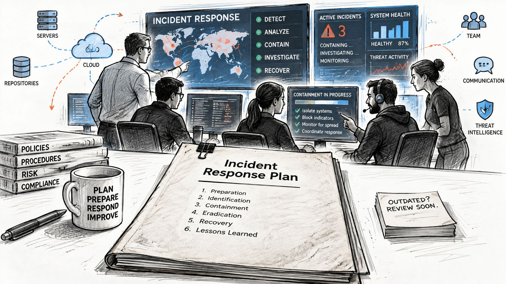 A team of professionals collaborating in a modern security operations center during an active cyber incident response.