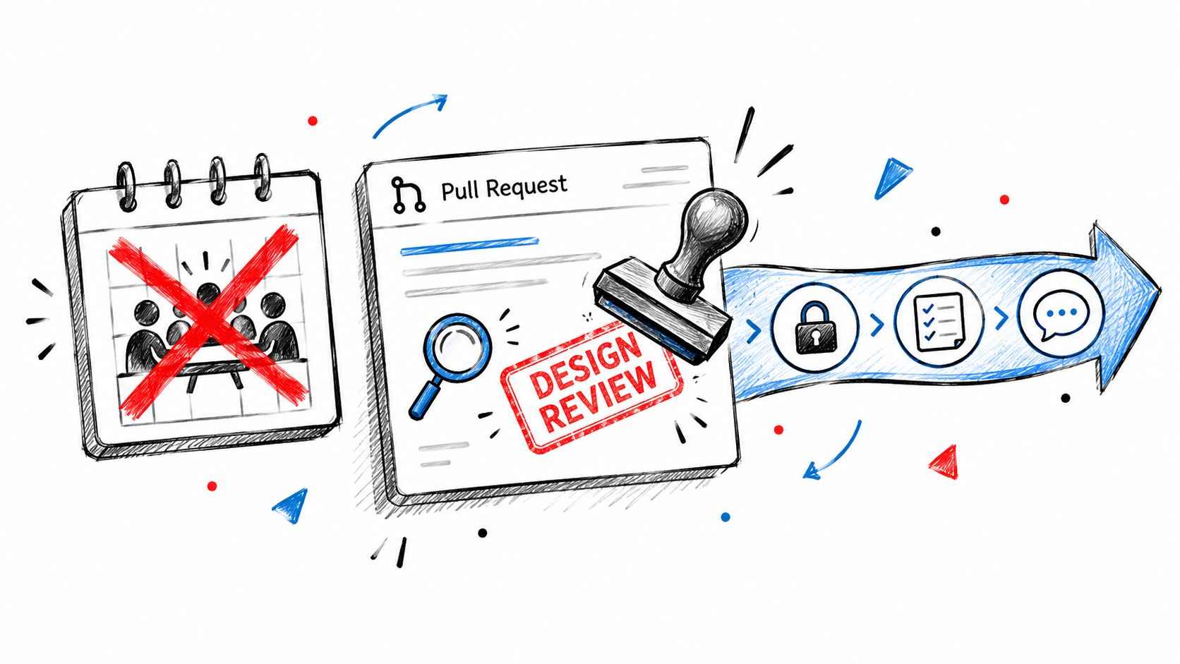 A hand-drawn illustration showing a git pull request review workflow replacing a physical team design meeting.