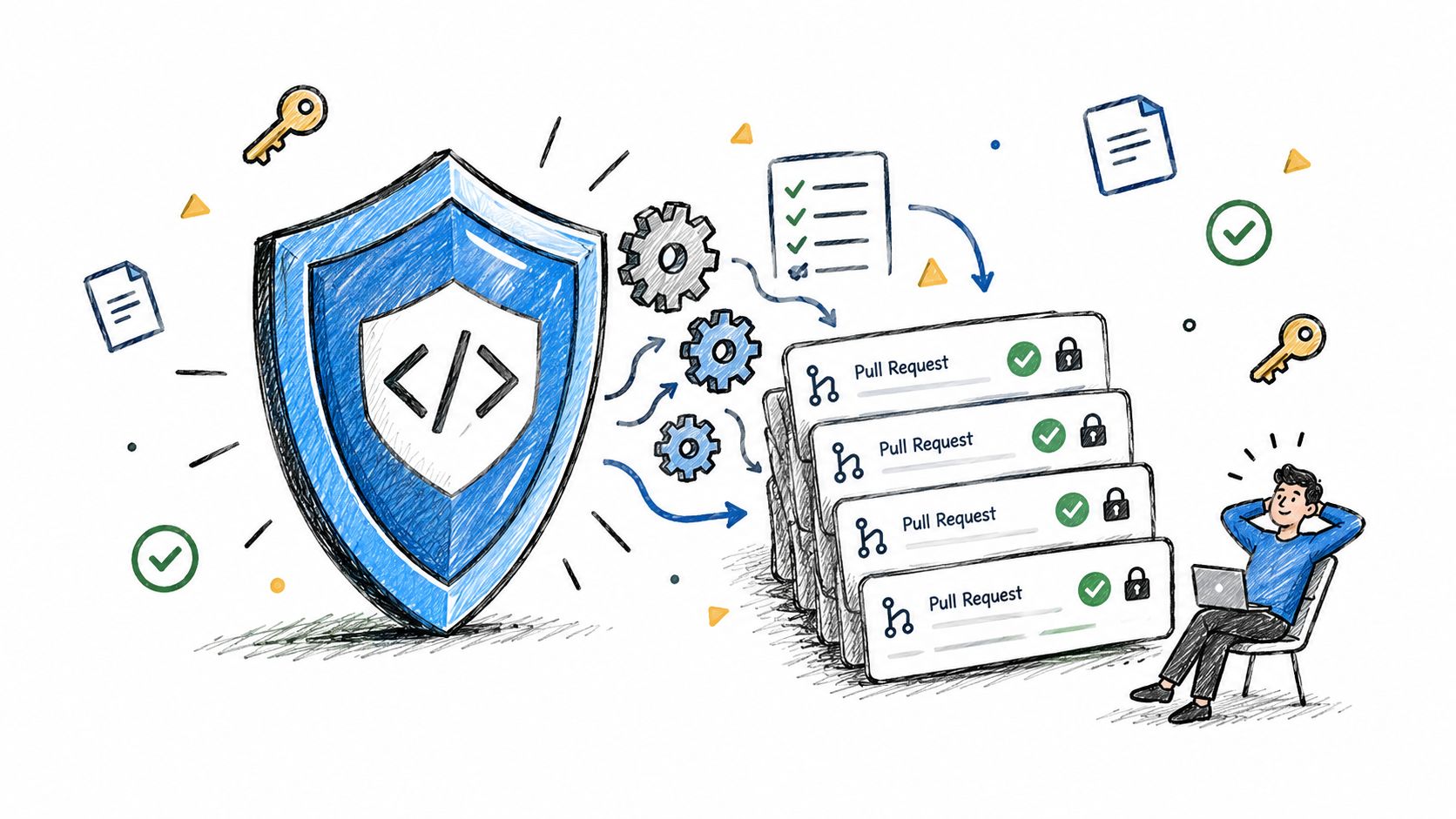 A hand-drawn illustration depicting a secure code review workflow with a shield and pull requests.