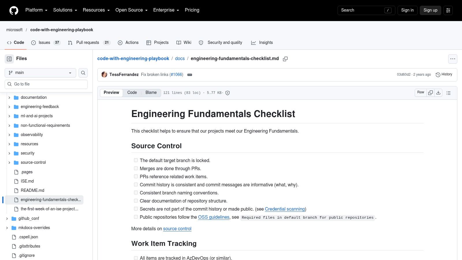Microsoft Engineering Fundamentals Playbook, Engineering Fundamentals Checklist