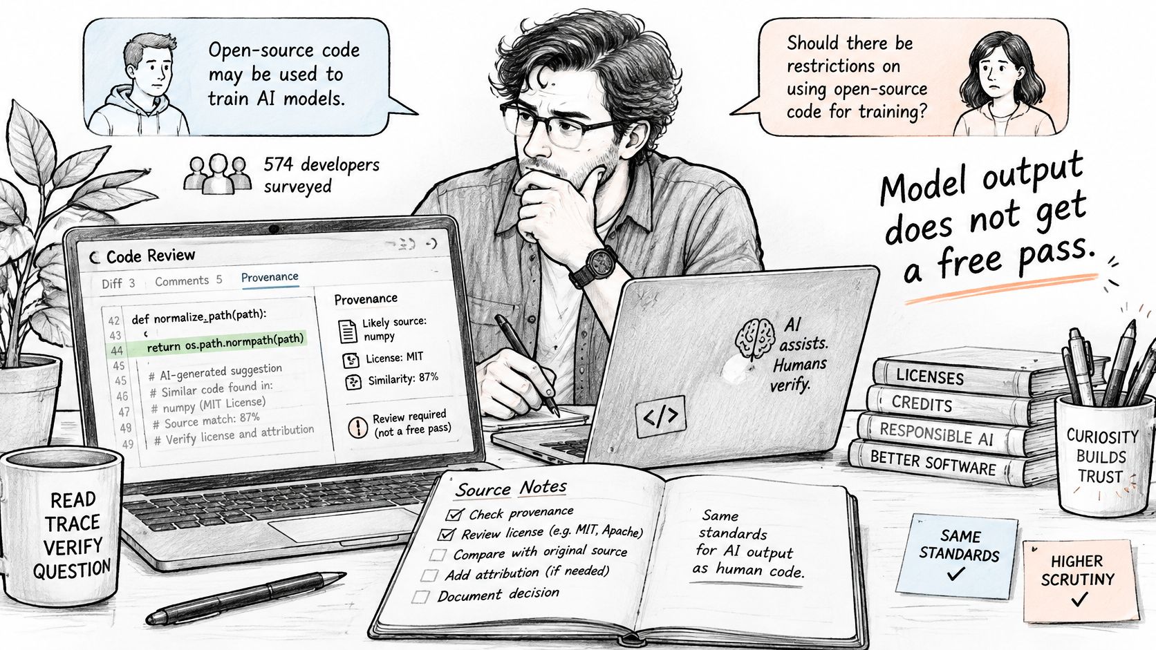 A person reviewing AI-generated code with a focus on provenance, license compliance, and human verification processes.