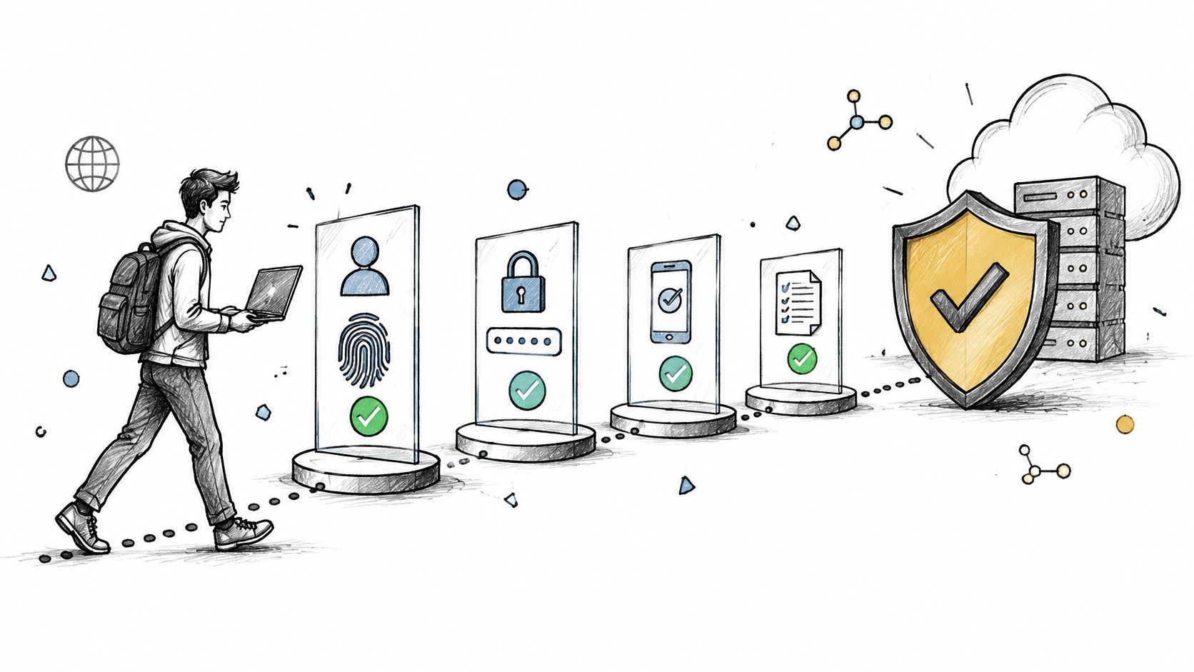 A student walking toward digital security checkpoints to access a cloud server protected by a shield.