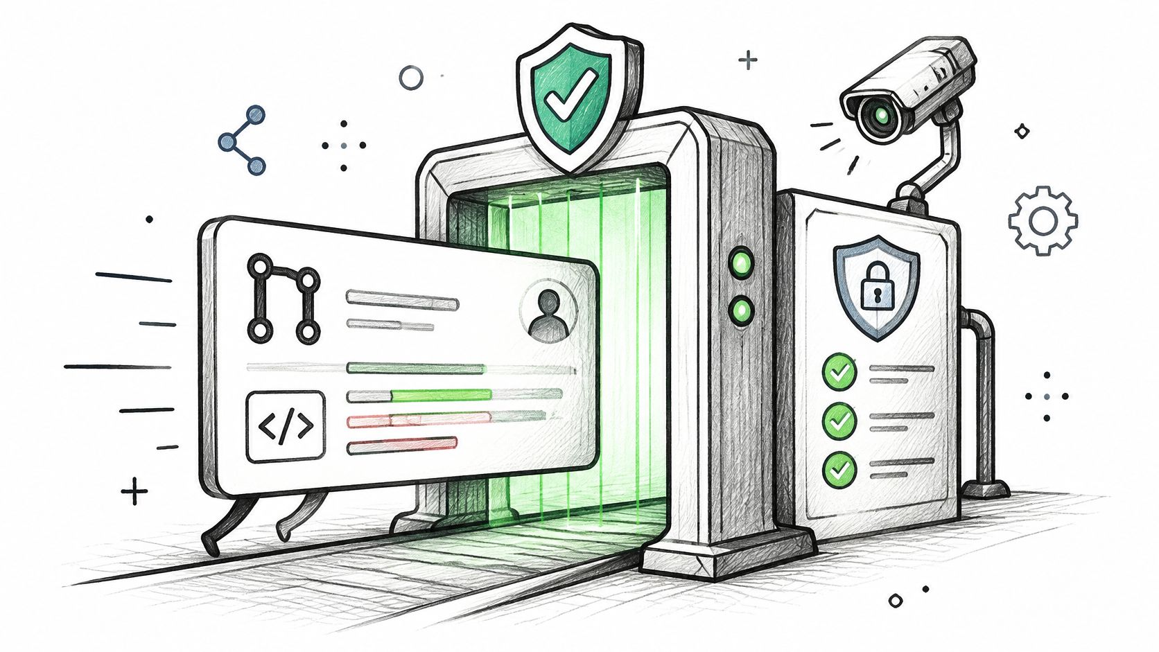 A digital illustration showing a data card passing through a security scanner gate for validation