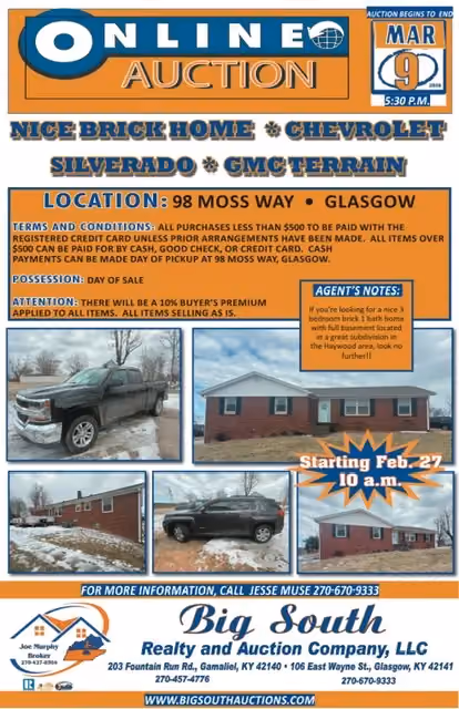 ONLINE AUCTION                 98 Moss Way, Glasgow, KY