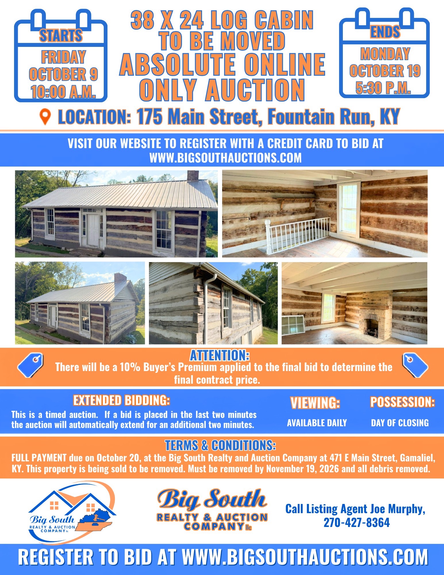 38x24 LOG CABIN TO BE MOVED ABSOLUTE ONLINE ONLY AUCTION