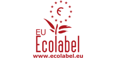 Rotes EU-Umweltzeichen-Logo mit der Aufschrift 'Ecolabel' und der URL www.ecolabel.eu.