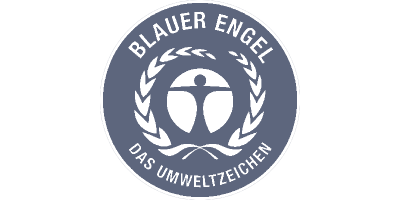 Blauer Engel Umweltzeichen mit stilisiertem Engel und Lorbeerkranz in Blau-Grau.
