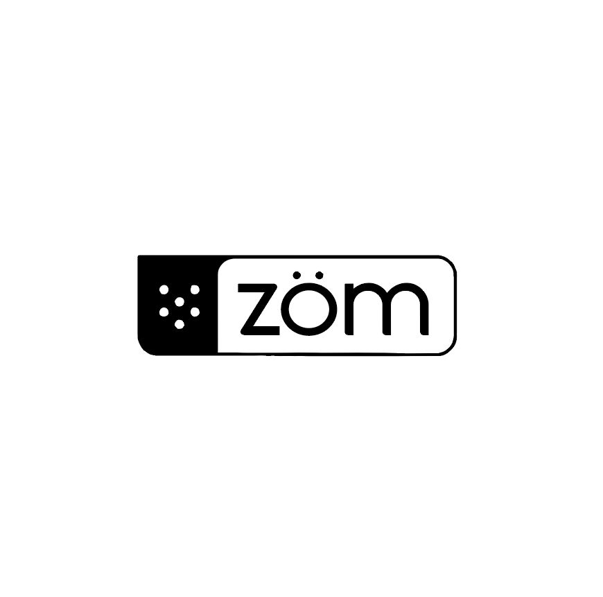 Black and white logo with the word 'zöm' inside a rounded rectangle, featuring six dots in a smaller solid rectangle on the left.