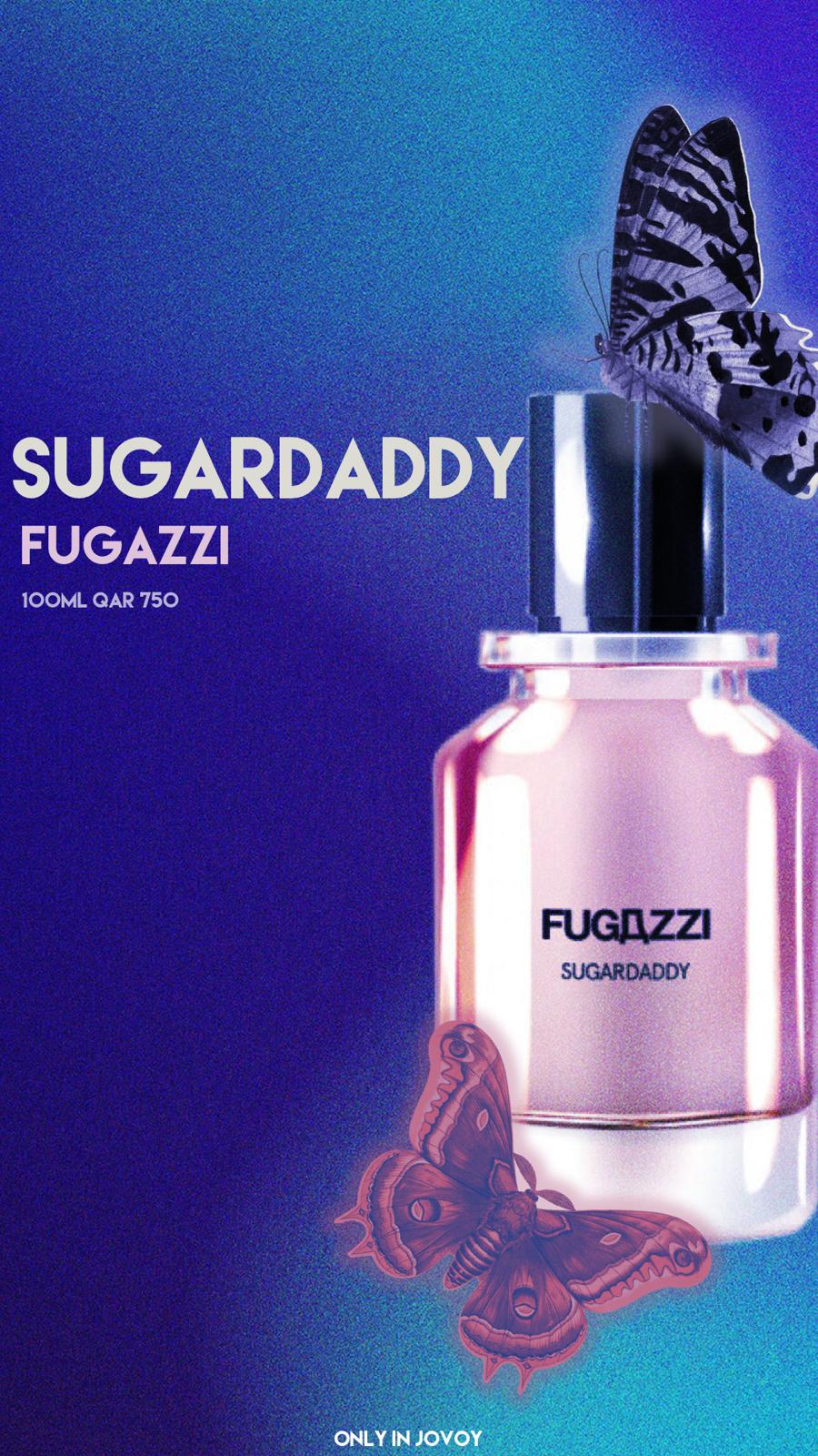 Fugazzi Sugardaddy perfume bottle with a blue and purple gradient background and two butterflies, one perched on the bottle cap and one near the base.