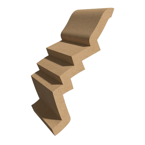 3D model of a brown, zigzag-shaped staircase with a curved top step.