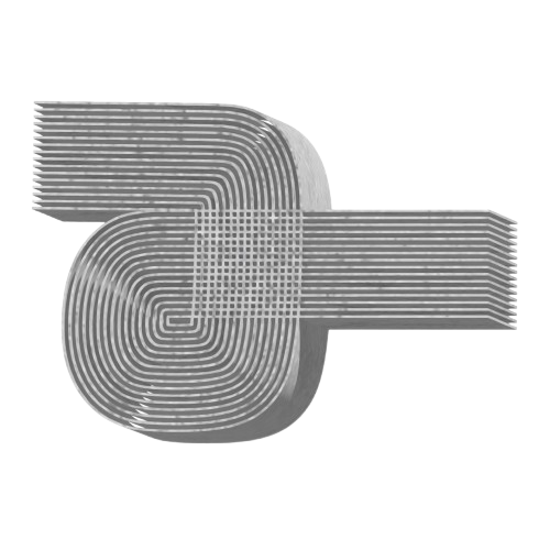 Gray abstract geometric shape with layered curved and straight horizontal lines forming a grid and concentric patterns.
