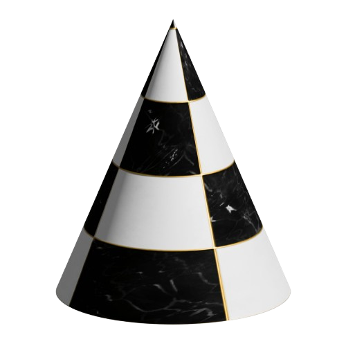 Cone with alternating black and white marble-patterned squares divided by thin gold lines.