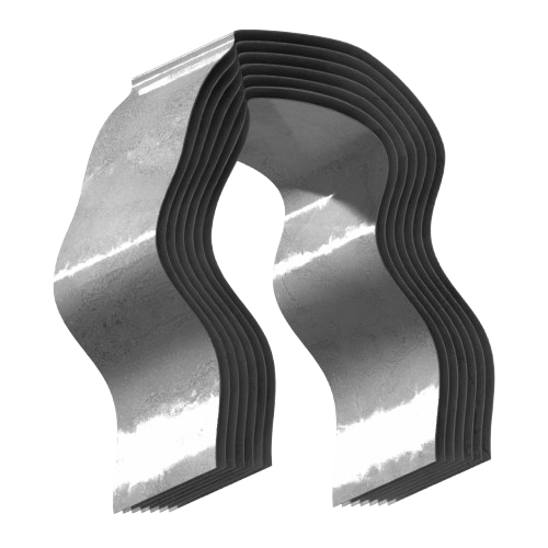 Stack of curved, metallic sheets arranged in two wave-like vertical columns.