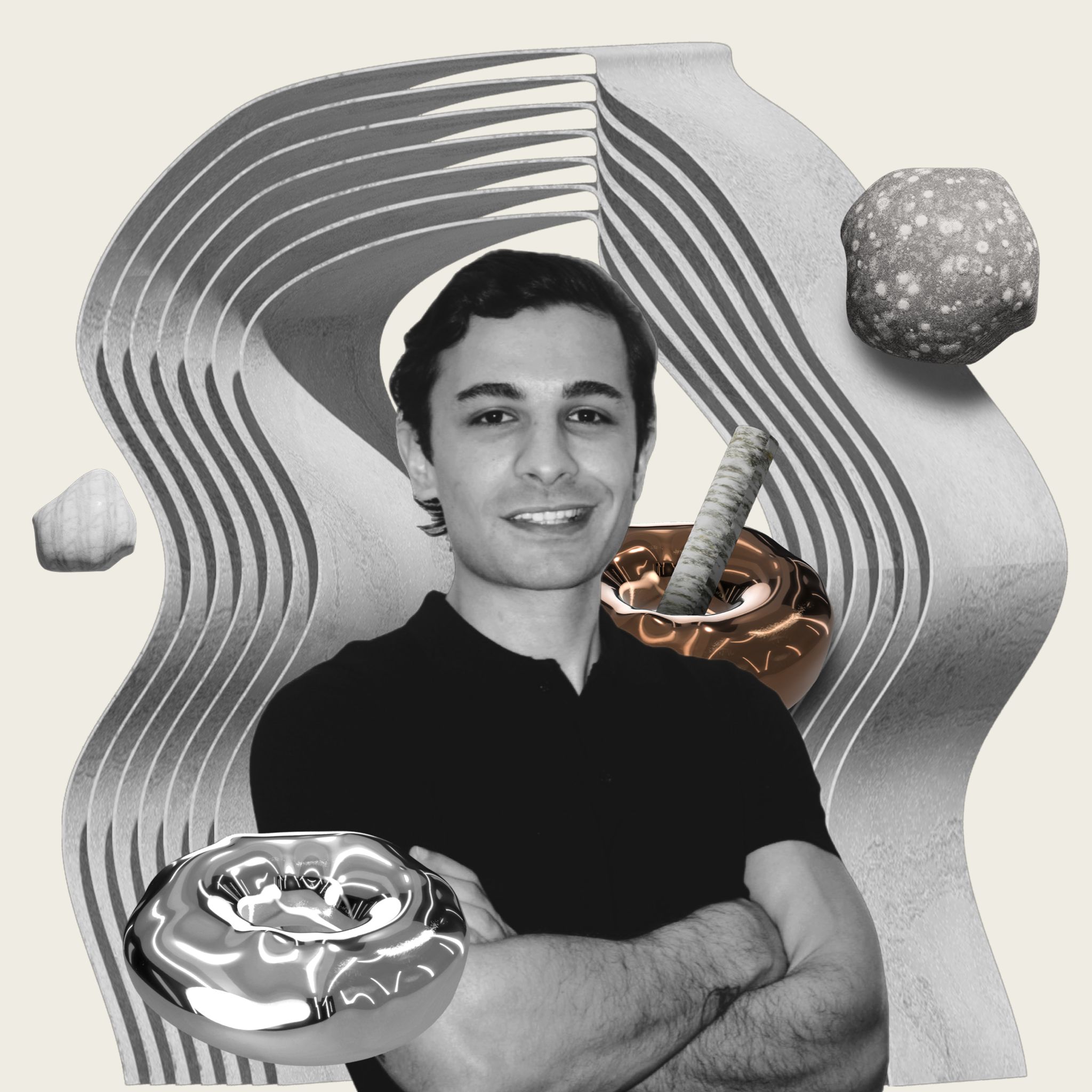 Black and white portrait of a smiling man with crossed arms in front of abstract wavy shapes and floating textured objects.