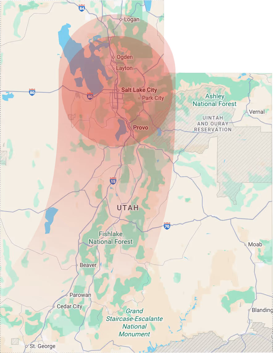 Map of Utah highlighting Salt Lake City, Ogden, Layton, Provo, and surrounding national forests with a red circular overlay.