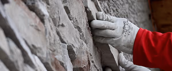 Person wearing white gloves and a red sleeve installing or adjusting a stone wall.