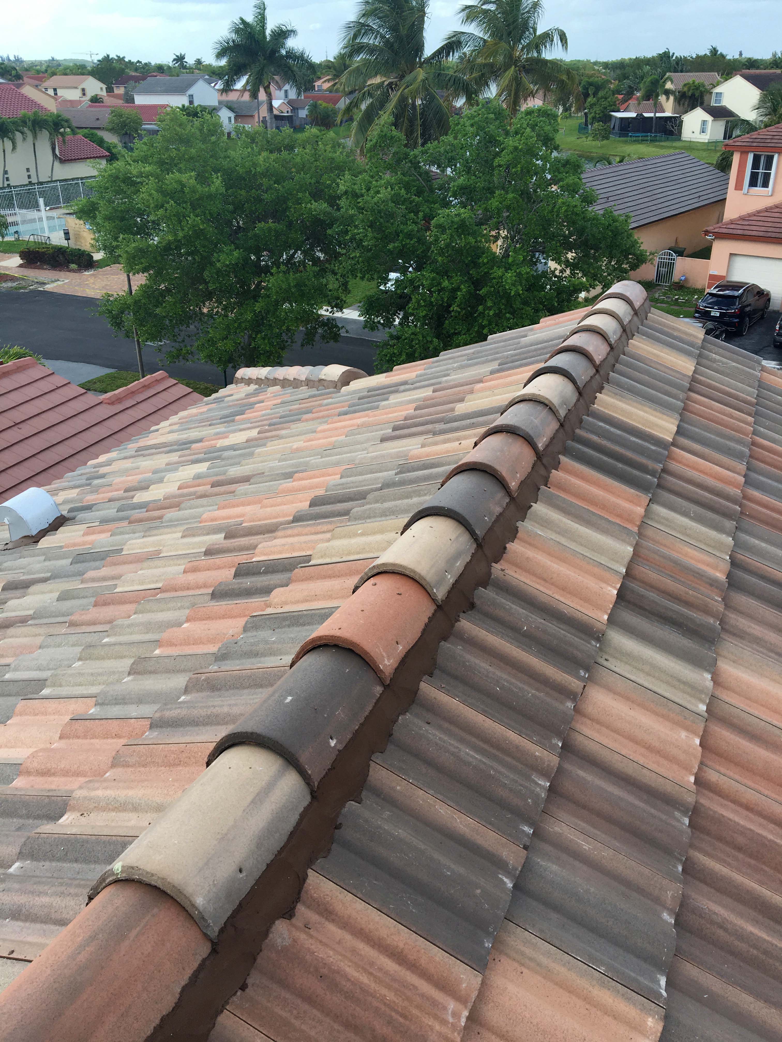 Multi-colored clay tile rooftop with houses, trees, and cars in the background under a cloudy sky.