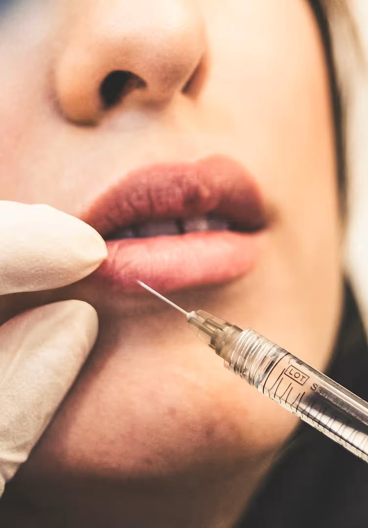 Close-up of a person's lips receiving an injection from a syringe held by a gloved hand.