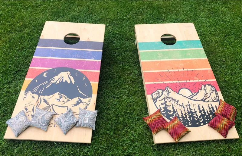 a wooden platform with printed colored design