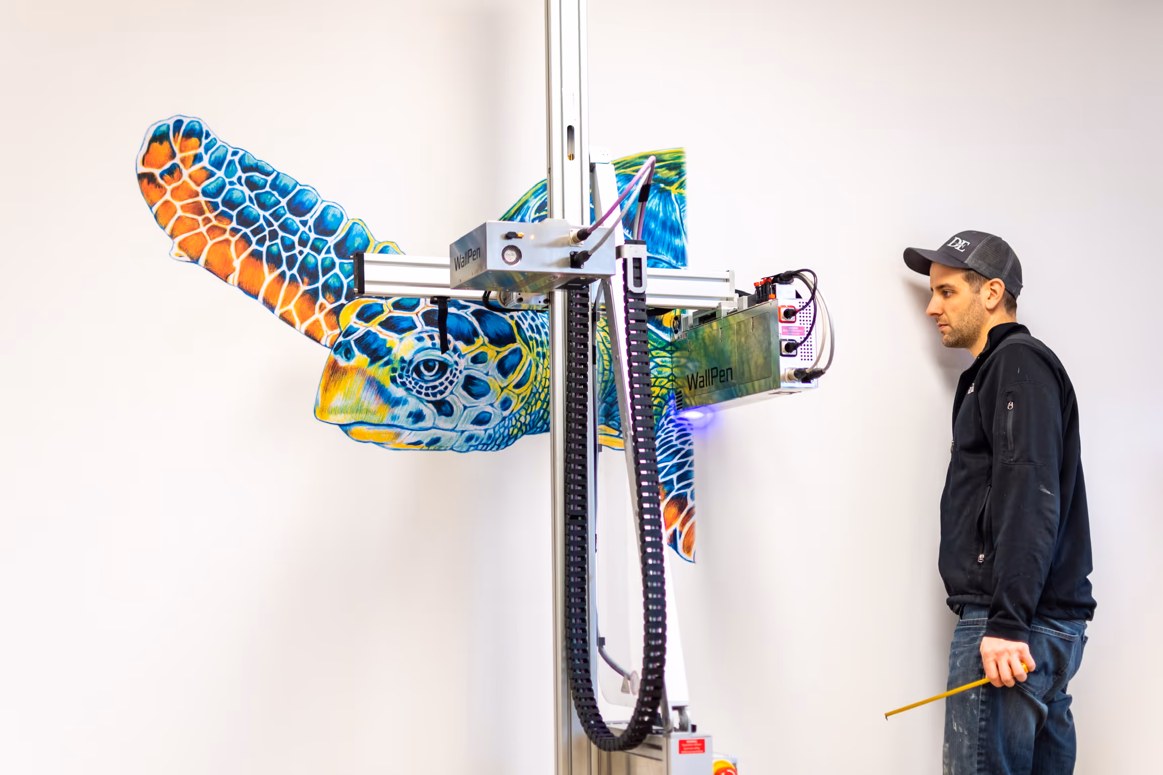 Man standing in front of a wallPen printing a colorful sea turtle
