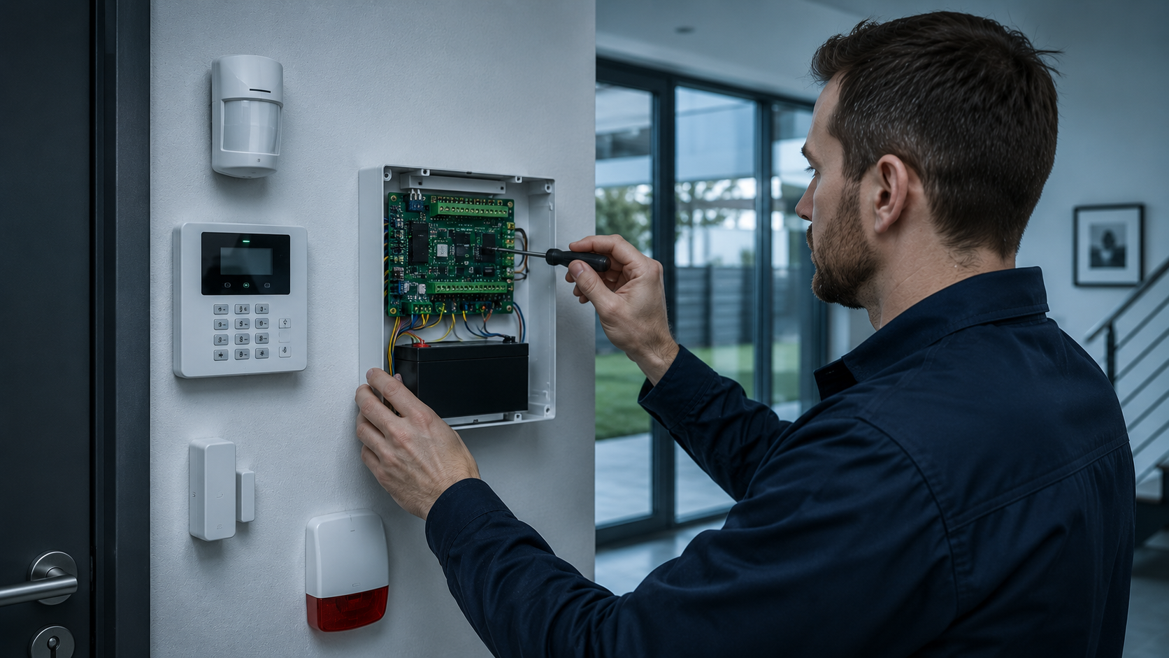 Ein Sicherheitstechniker installiert und prüft eine Einbruchmeldeanlage in einem modernen Gebäude. Zu sehen sind Bewegungsmelder, Bedienteil, Sirene und die geöffnete Alarmzentrale mit Platine und Verkabelung. Das Motiv vermittelt professionelle Alarmtechnik, sorgfältige Montage und zuverlässigen Objektschutz.