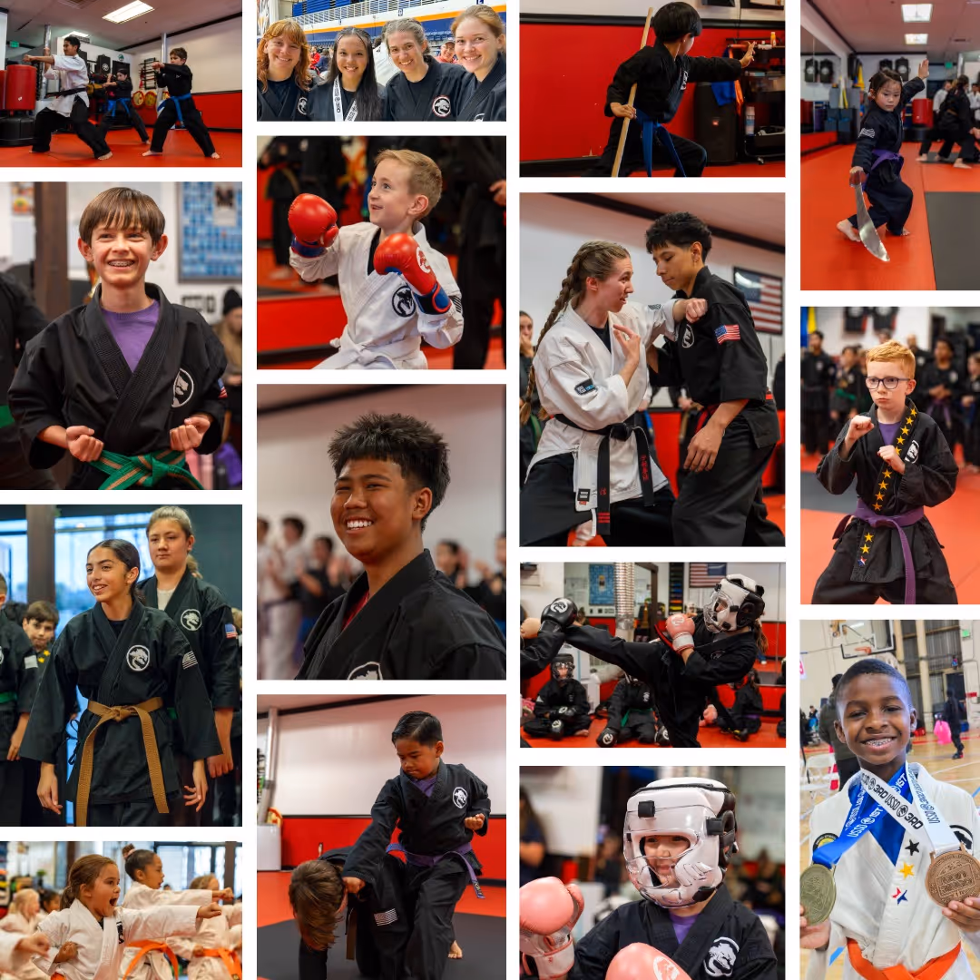 Collage of diverse children and teens practicing martial arts in Temecula, CA at the United Studios of Self Defense Temecula  dojo, showing training, sparring, and smiling with medals.