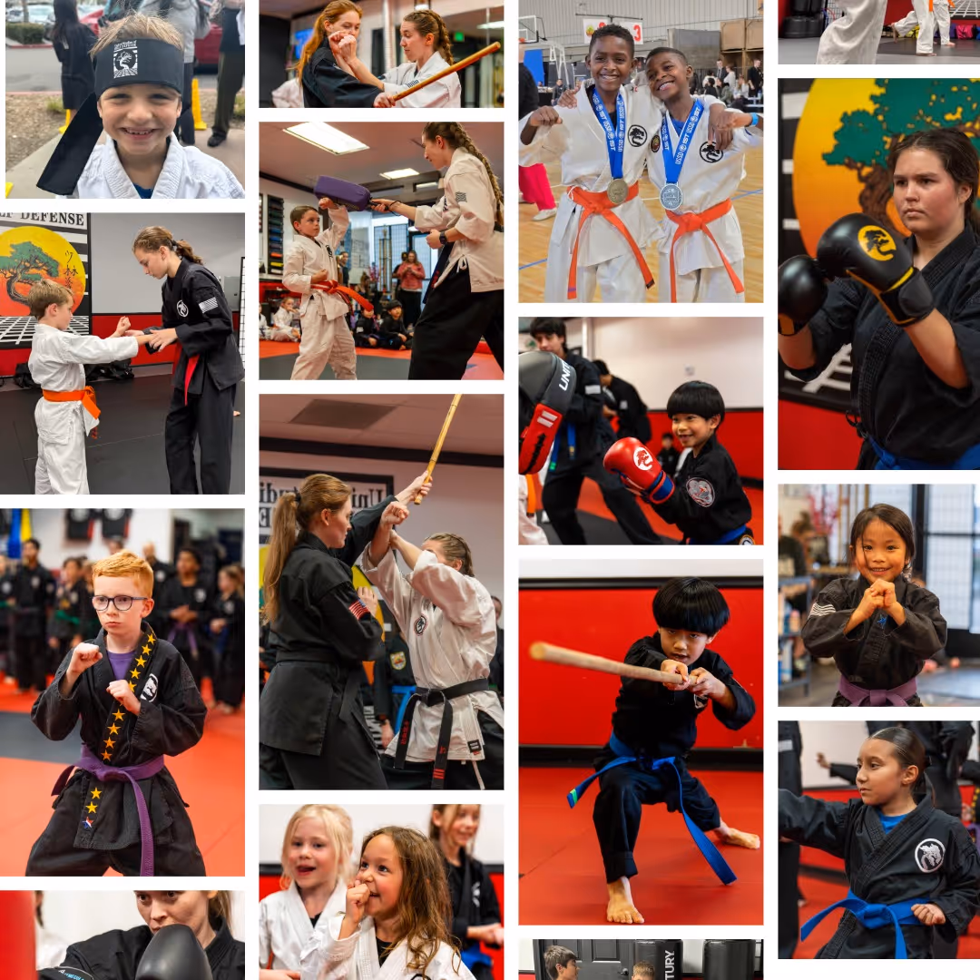 Collage of diverse children and teenagers practicing martial arts in Temecula, CA at the United Studios of Self Defense Temecula  dojo, including karate, with some wearing medals, performing techniques, and training with instructors in a dojo.