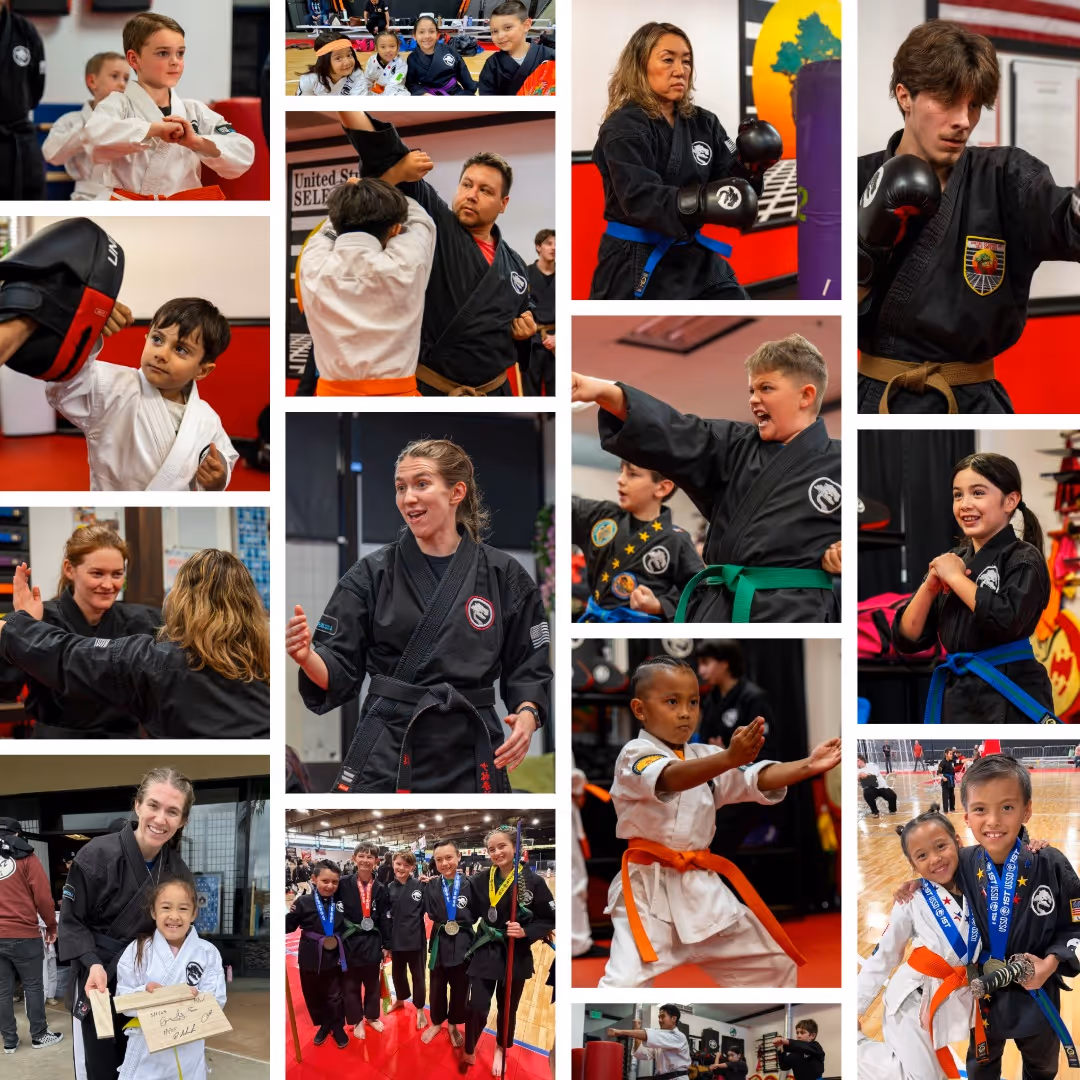 Collage of diverse children and adults practicing martial arts in Temecula, CA at the United Studios of Self Defense Temecula  dojo, wearing various colored belts, striking poses, training with instructors, and displaying medals.