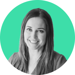 Smiling woman with long straight hair against a teal circular background.