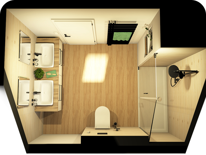 Von oben gesehenes modernes Badezimmer mit Doppelwaschbecken, Holzfußboden, Toilette, großer Duschkabine und Fenster mit schwarzem Vorhang.