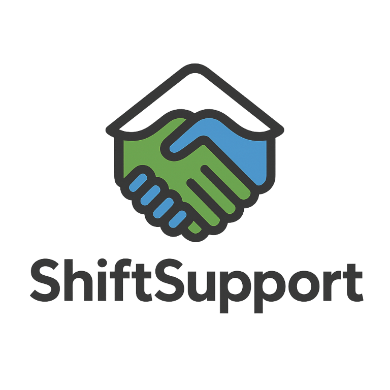 Logo showing a handshake with one hand in green and the other in blue, forming a house shape above the text ShiftSupport.
