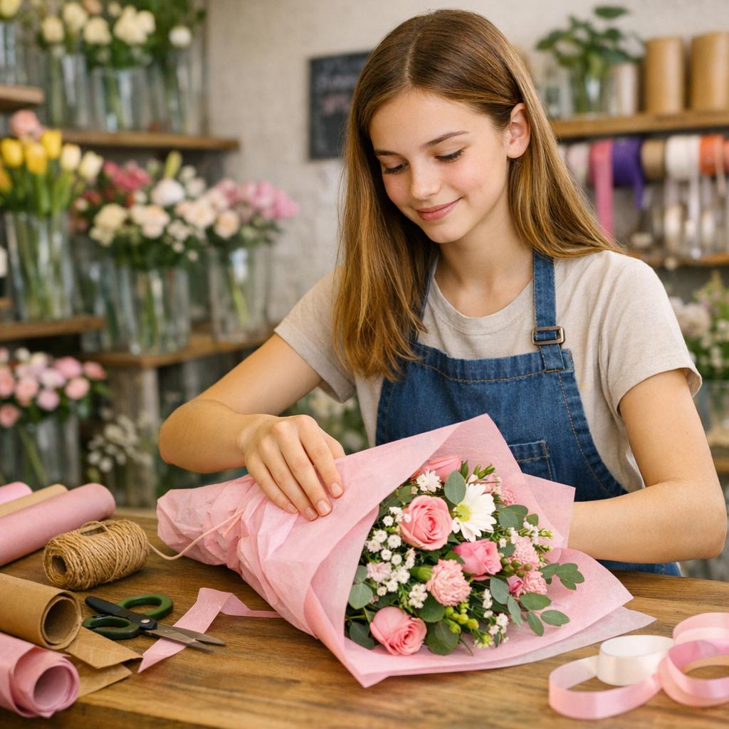 Young woman arranging a bouquet of pink roses and white flowers wrapped in pink paper at a flower shop.